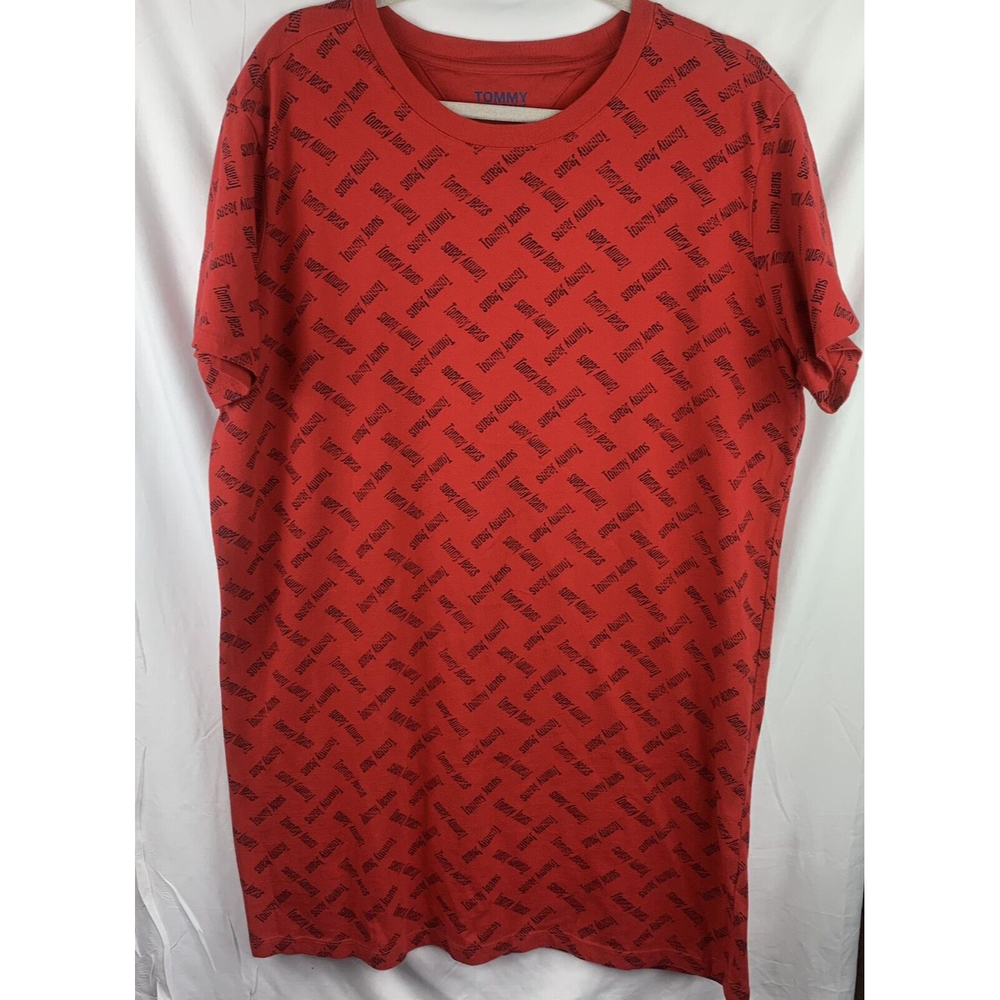 TOMMY JEANS ALL OVER LOGO PRINT RED SIZE LARGE TEE SHIRT DRESS (A10)